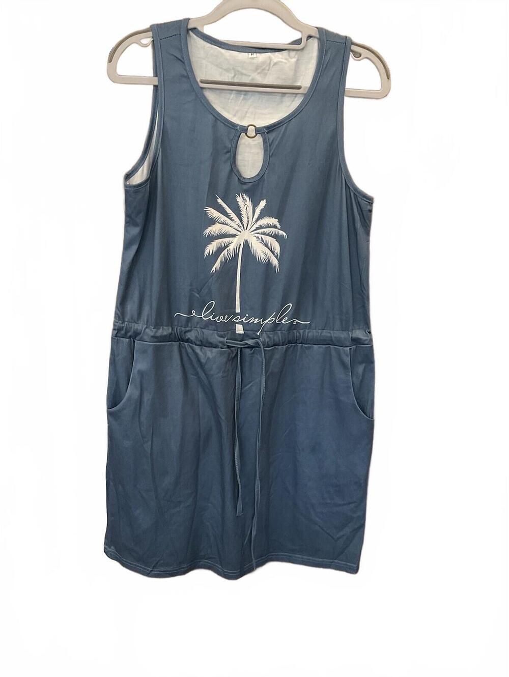 Womens Blue Tie Waist Sleeveless Palm Tree Dress W/ Pockets Size M